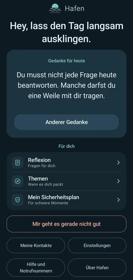 Startseite von Hafen mit dem Gedanken für heute und den Bereichen Reflexion, Themen und Sicherheitsplan
